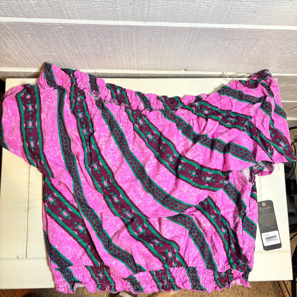 Wrangler L Retro Off the Shoulder Short Sleeve Ruffle Crop Elastic Waist Blouse